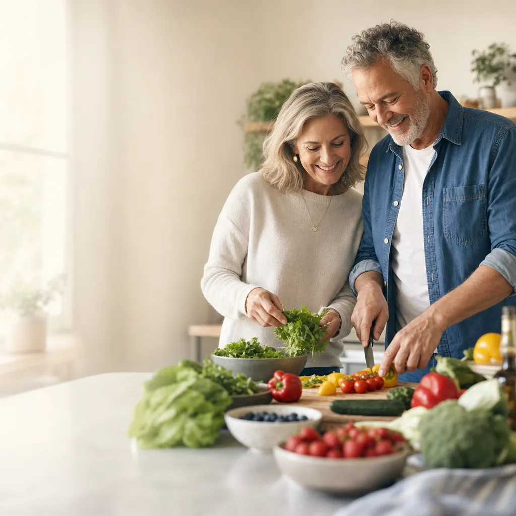 Un couple de sexagénaires prépare un repas sain ensemble dans leur cuisine