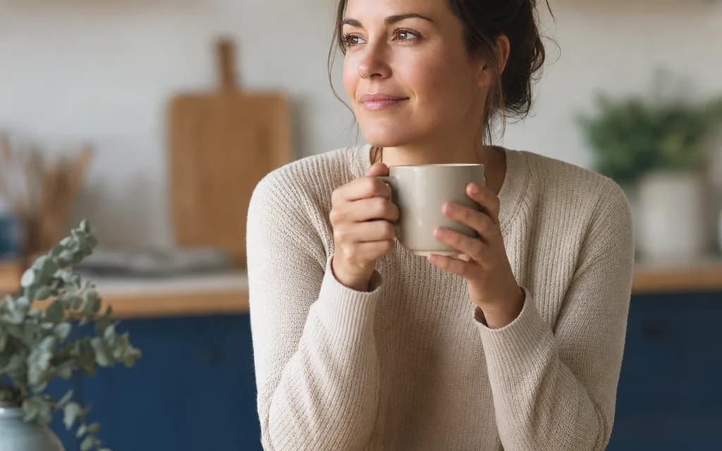 Femme sereine savourant une tasse de thé, gestion du stress au quotidien