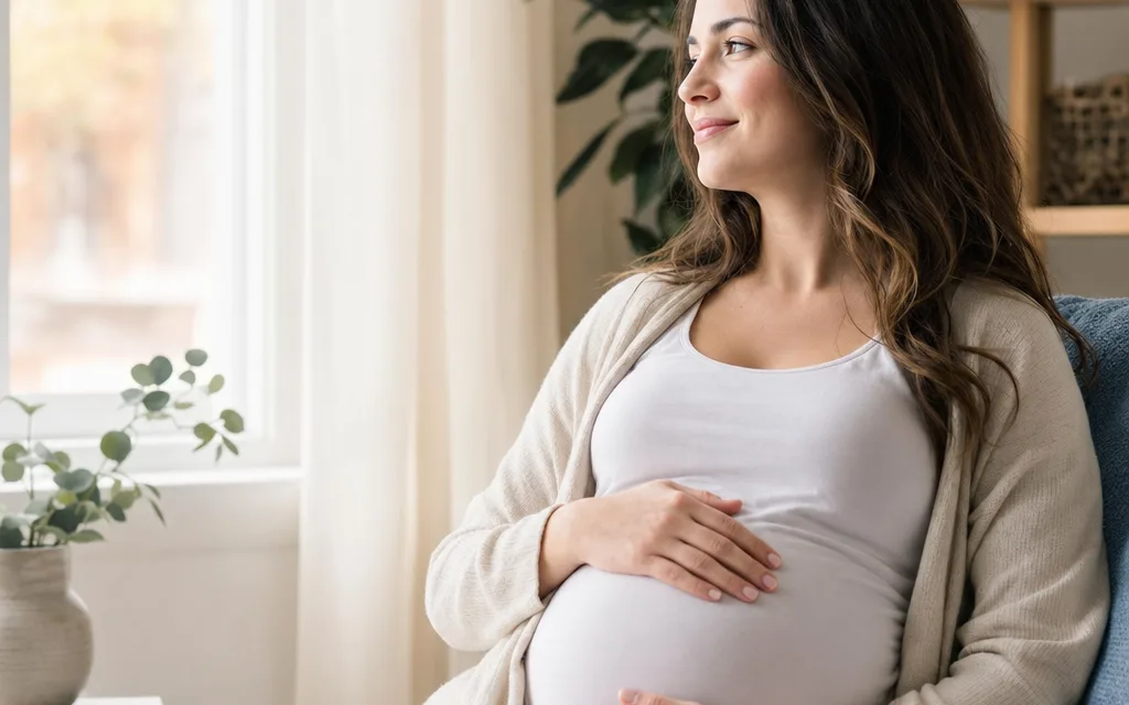 Une jeune femme enceinte, sereine, assise près d'une fenêtre lumineuse.