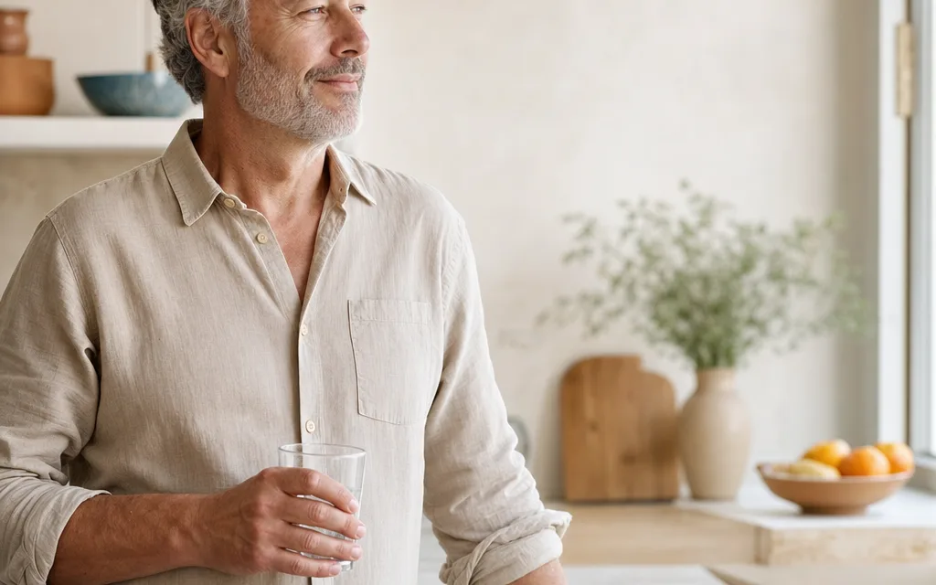 Un homme d'une soixantaine d'années, serein, un verre d'eau à la main dans sa cuisine lumineuse au petit matin.