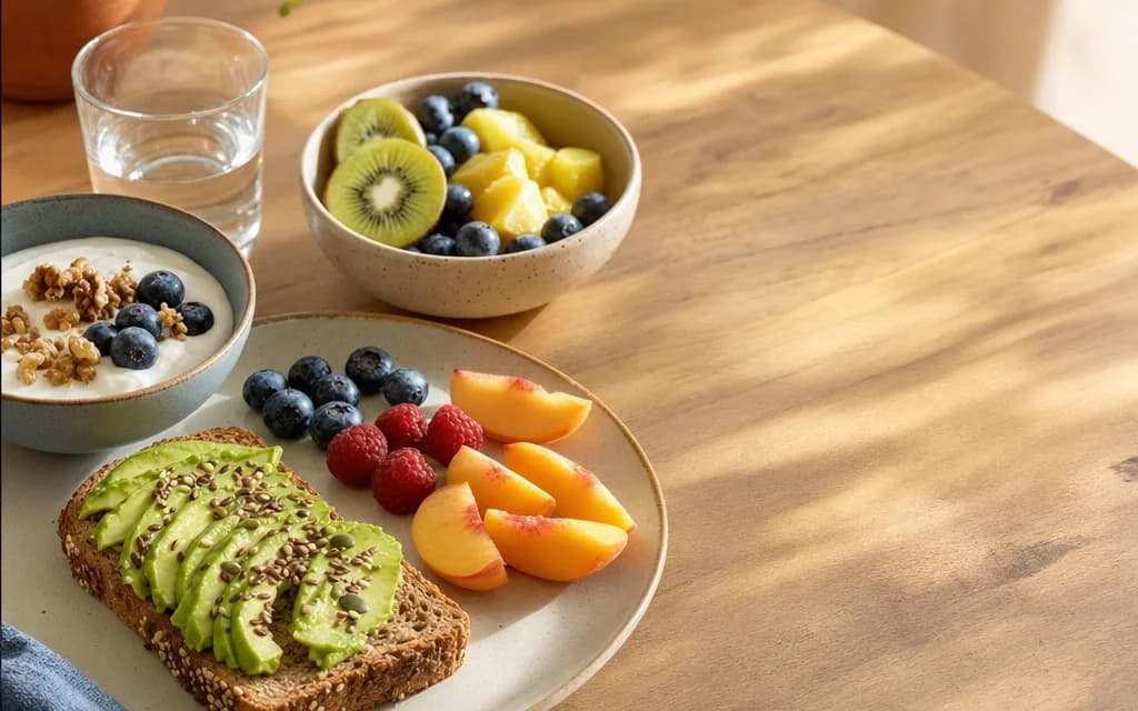 Un petit-déjeuner équilibré et coloré sur une table en bois baignée de lumière douce.