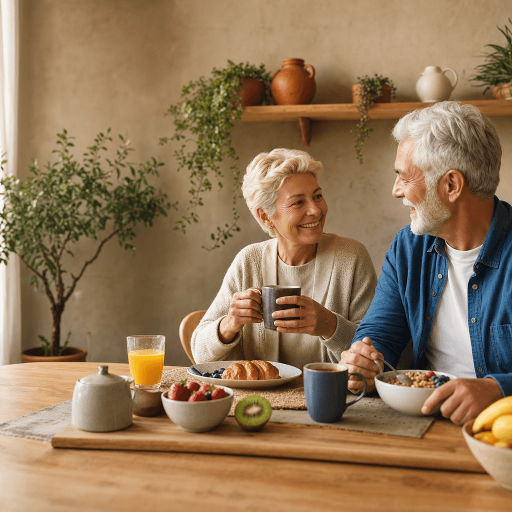 Un couple de seniors partageant un petit-déjeuner équilibré et coloré dans une cuisine lumineuse