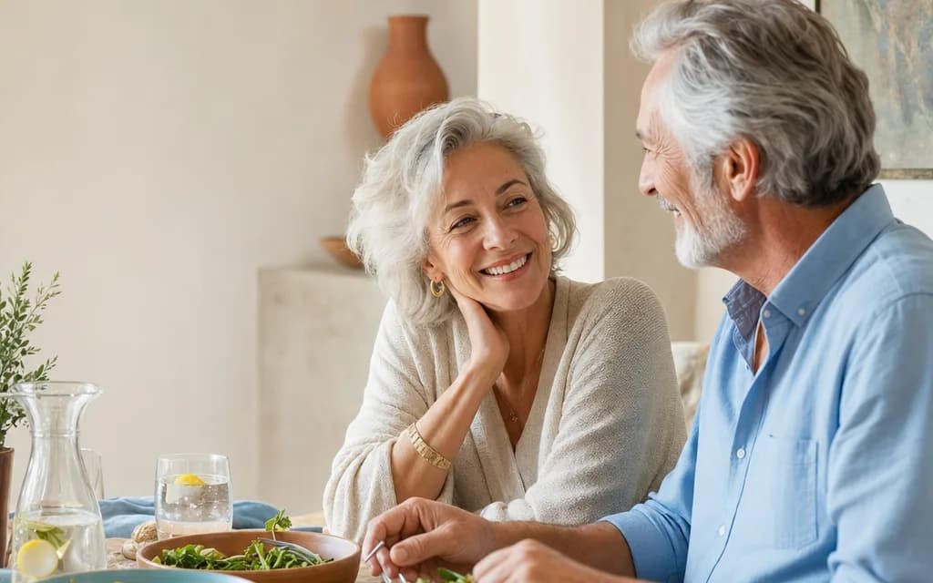 Un couple de sexagénaires partage un repas sain et coloré à table, dans une ambiance conviviale.