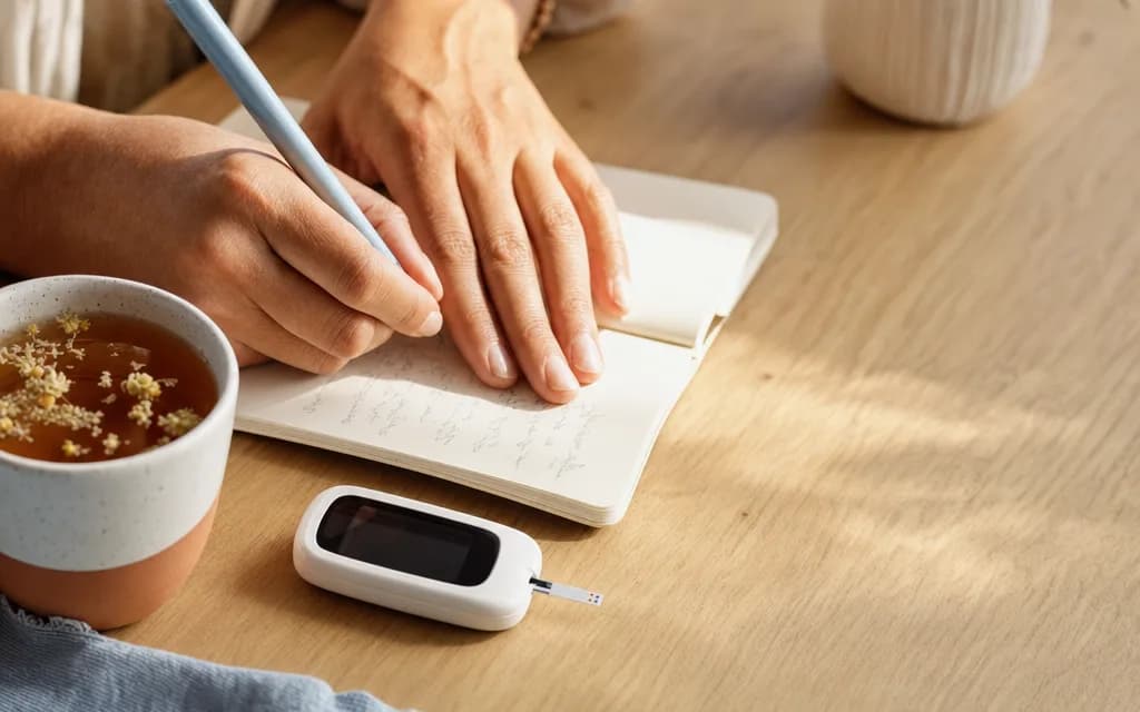 Des mains qui prennent des notes dans un carnet à côté d'un petit lecteur de glycémie, sur une table ensoleillée.