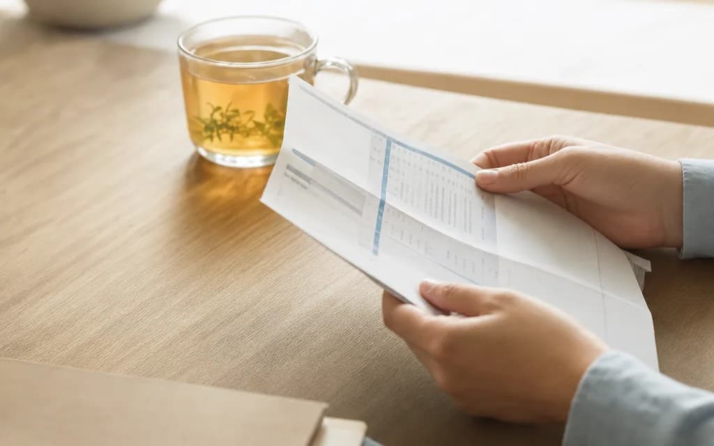 Des mains tiennent une feuille de résultats d'analyse près d'une fenêtre ensoleillée.