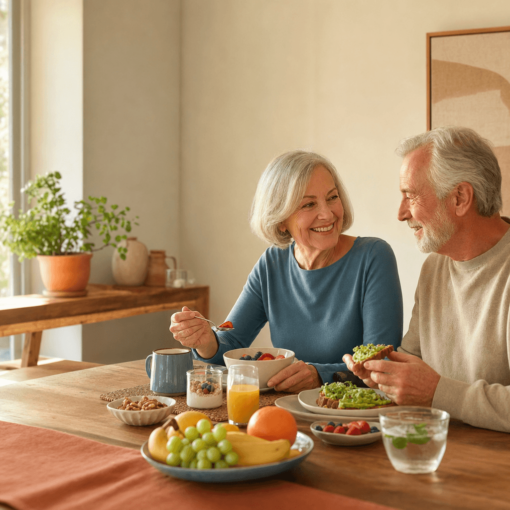 Un couple de seniors partageant un petit-déjeuner équilibré dans une cuisine lumineuse