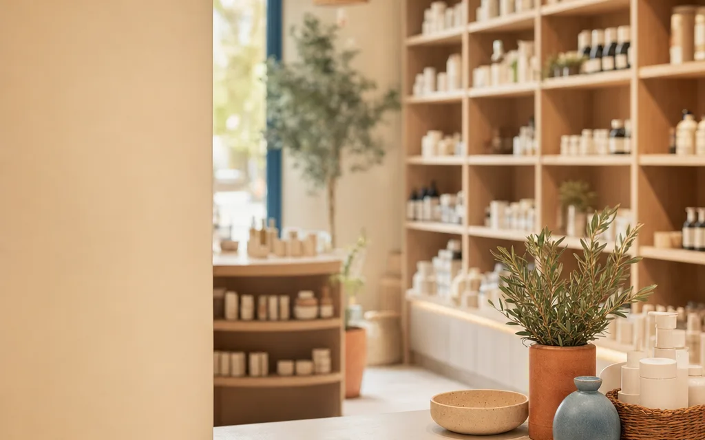 L'intérieur chaleureux d'une pharmacie de quartier, avec ses étagères en bois et sa lumière naturelle douce.
