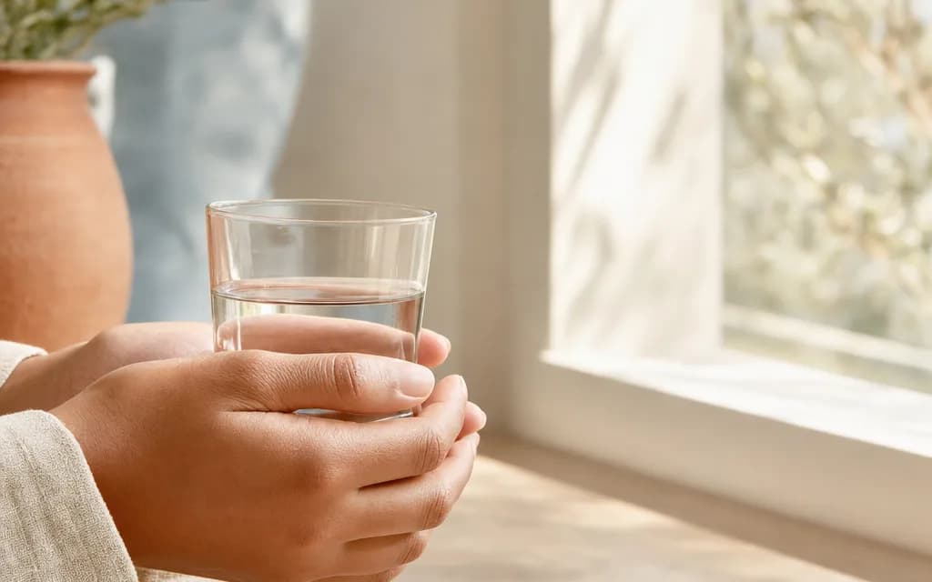Des mains tiennent un verre d'eau près d'une fenêtre lumineuse, évoquant le soin de soi au quotidien.