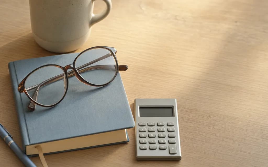 Une tasse de café, des lunettes posées sur un carnet et une calculatrice sur une table en bois, évoquant le budget d'un traitement.