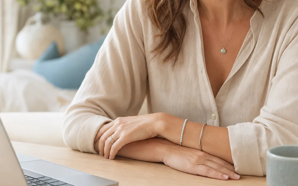 Mains d'une femme adulte posées sur un bureau clair, une tasse de thé à côté, écran d'ordinateur ouvert en arrière-plan dans une pièce lumineuse