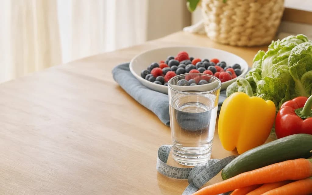 Un mètre ruban, des légumes frais et un verre d'eau sur une table, évoquant des progrès vers une vie plus saine.