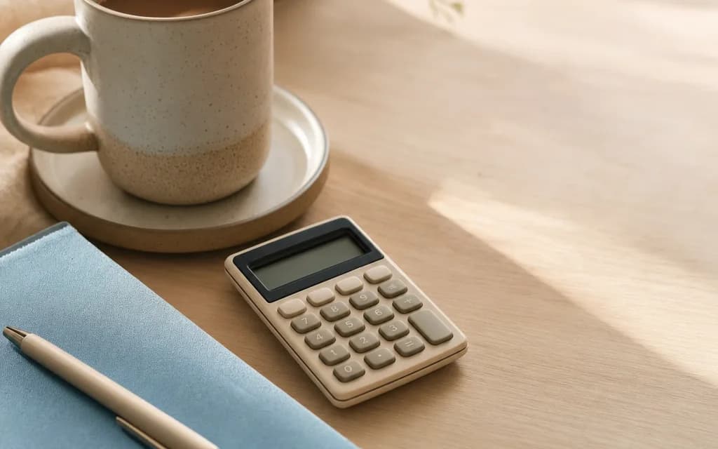 Une tasse de café, un carnet et une calculatrice sur une table en bois, évoquant le budget d'un traitement.