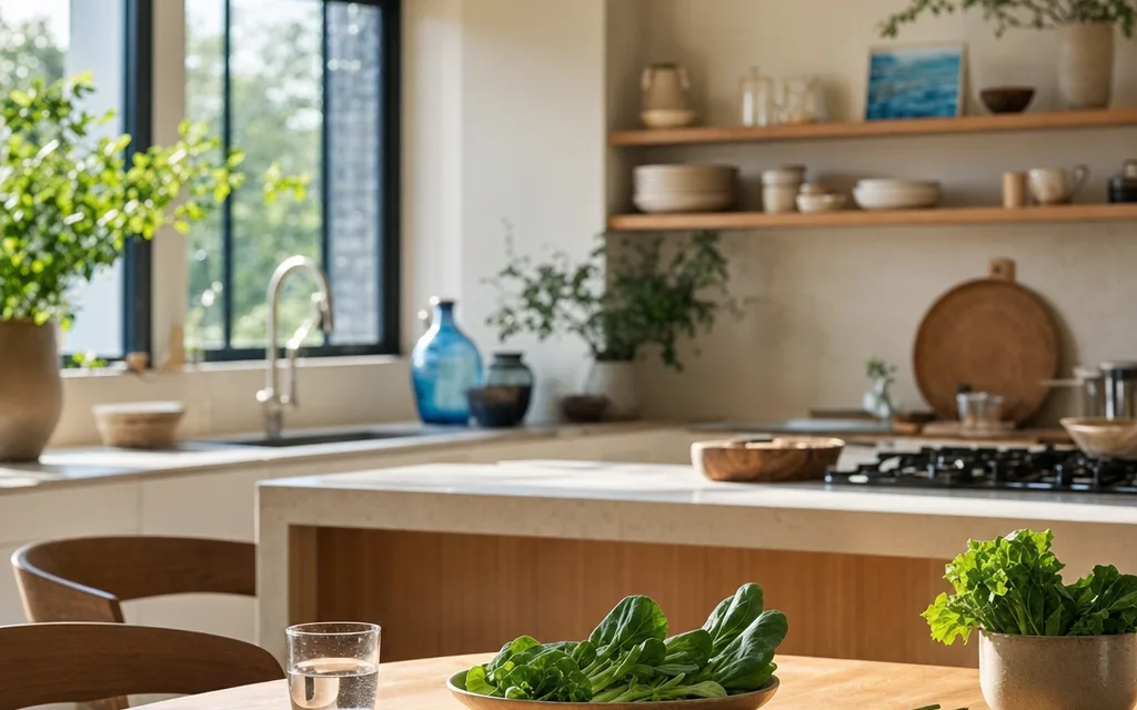 Bright modern kitchen with fresh vegetables on a wooden table, natural light