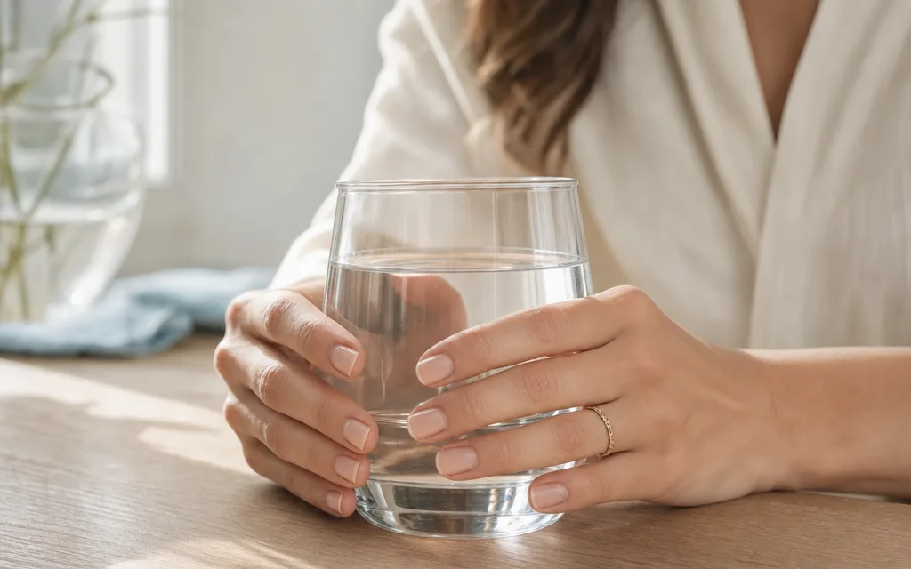 Adult woman in her forties looking thoughtfully out a window, holding a glass of water, soft natural light, calm home setting