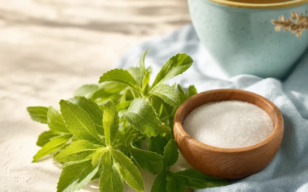 Des feuilles de stévia fraîches et un bol d'édulcorant naturel près d'une tasse de thé.