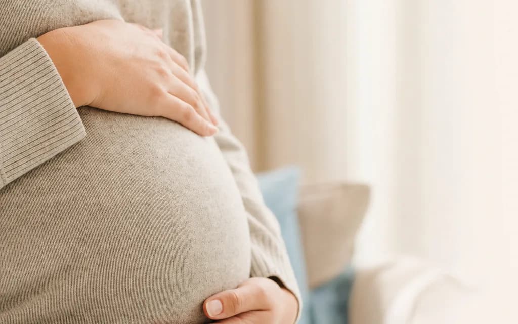 Une femme enceinte pose doucement les mains sur son ventre, dans une lumière chaleureuse.