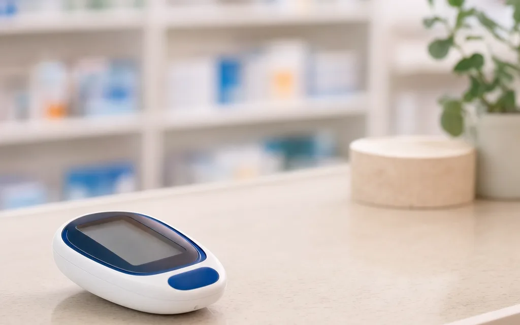 Glucomètre posé sur un comptoir de pharmacie, lumière naturelle douce