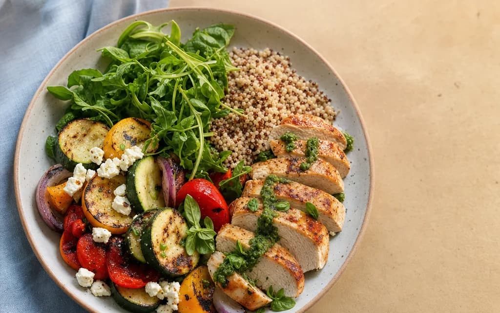 Une assiette équilibrée et colorée : légumes, céréales complètes et protéines maigres.